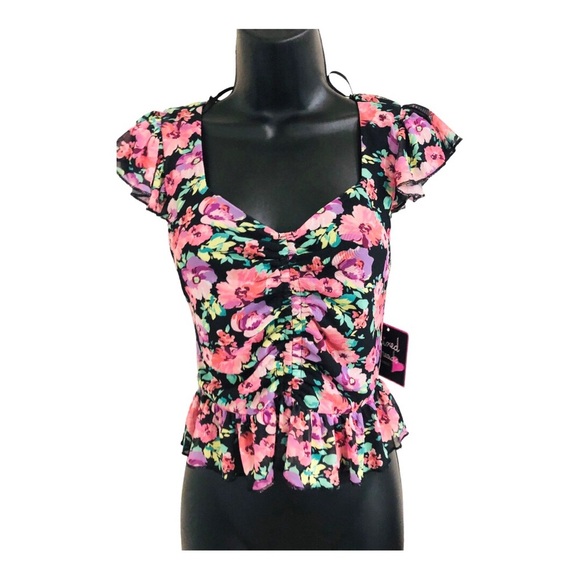 Black pink purple‎ floral peplum shirred front heart neckline blouse size large - Picture 1 of 14